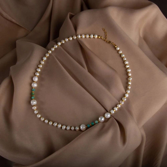 İnci-Amazonit Doğal Taş Altın Kaplama Kapama Kolye