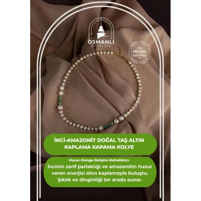 İnci-Amazonit Doğal Taş Altın Kaplama Kapama Kolye