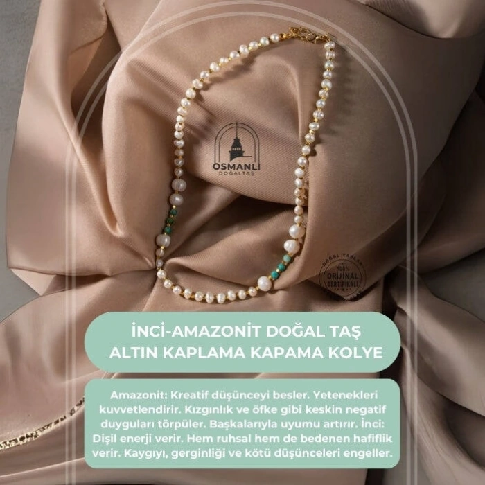 İnci-Amazonit Doğal Taş Altın Kaplama Kapama Kolye