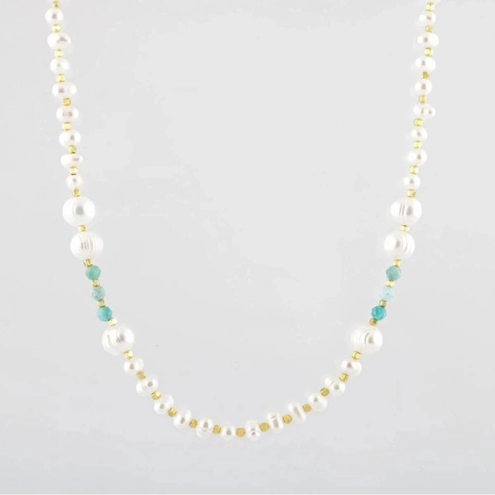 İnci-Amazonit Doğal Taş Altın Kaplama Kapama Kolye