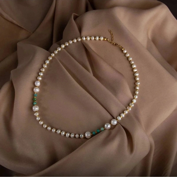 İnci-Amazonit Doğal Taş Altın Kaplama Kapama Kolye