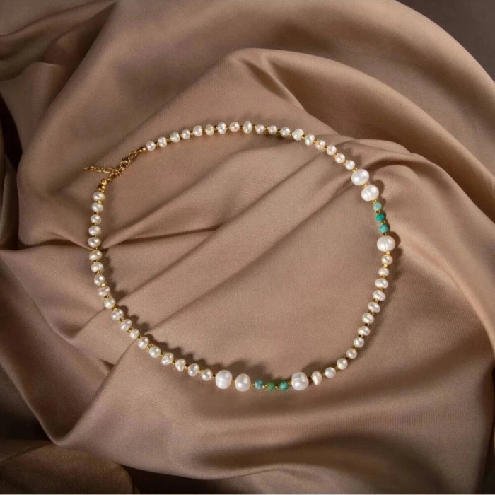 İnci-Amazonit Doğal Taş Altın Kaplama Kapama Kolye