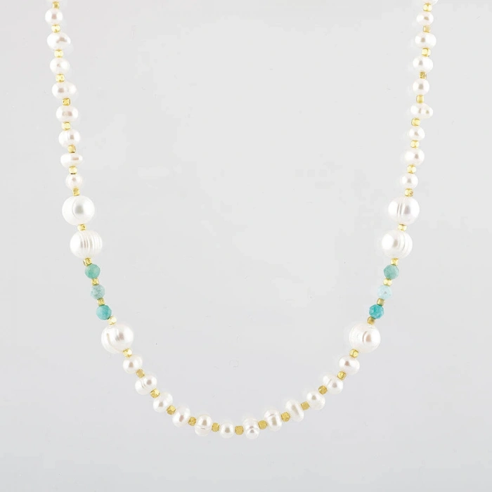 İnci-Amazonit Doğal Taş Altın Kaplama Kapama Kolye