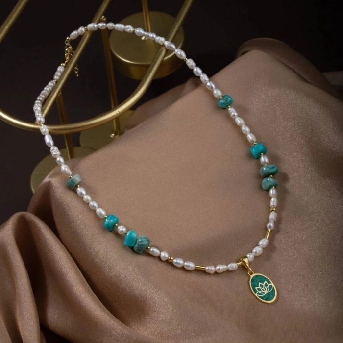 İnci-Amazonit Doğal Taş Gümüş Kolye