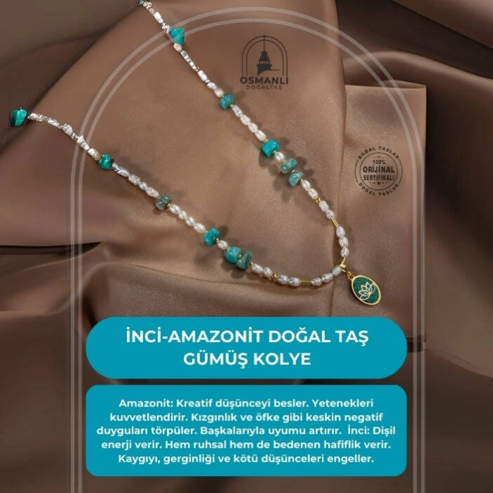 İnci-Amazonit Doğal Taş Gümüş Kolye