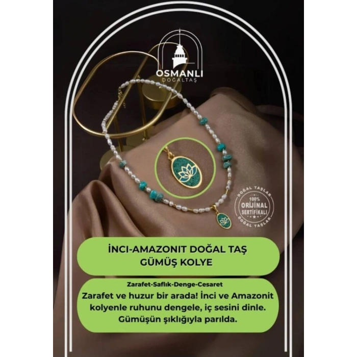 İnci-Amazonit Doğal Taş Gümüş Kolye