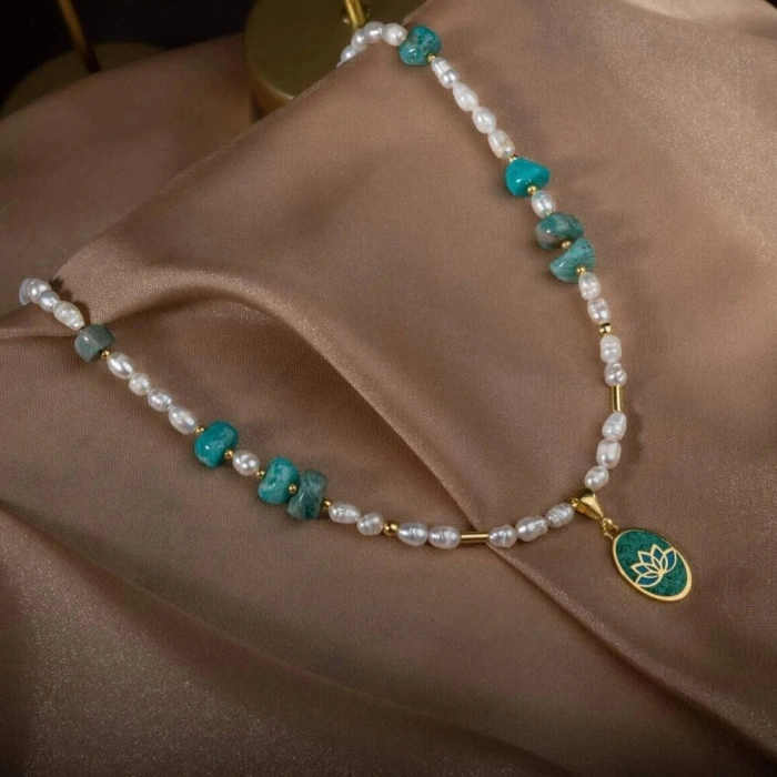 İnci-Amazonit Doğal Taş Gümüş Kolye