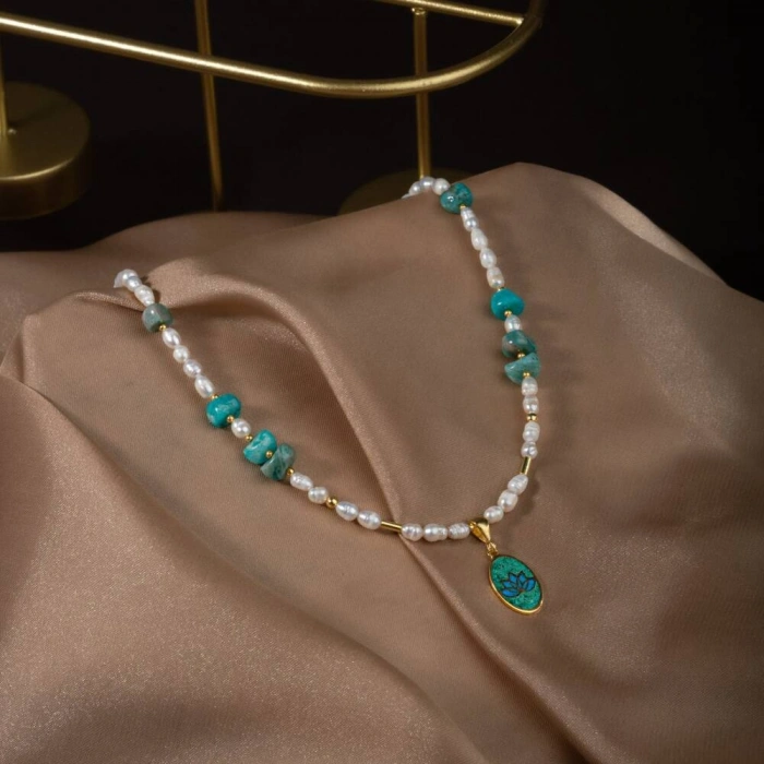 İnci-Amazonit Doğal Taş Gümüş Kolye