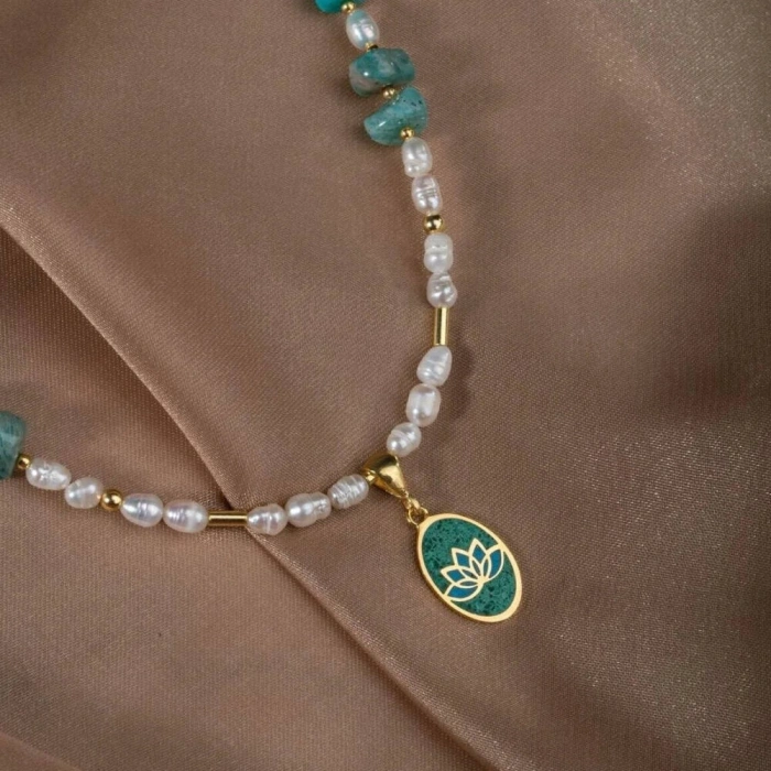 İnci-Amazonit Doğal Taş Gümüş Kolye