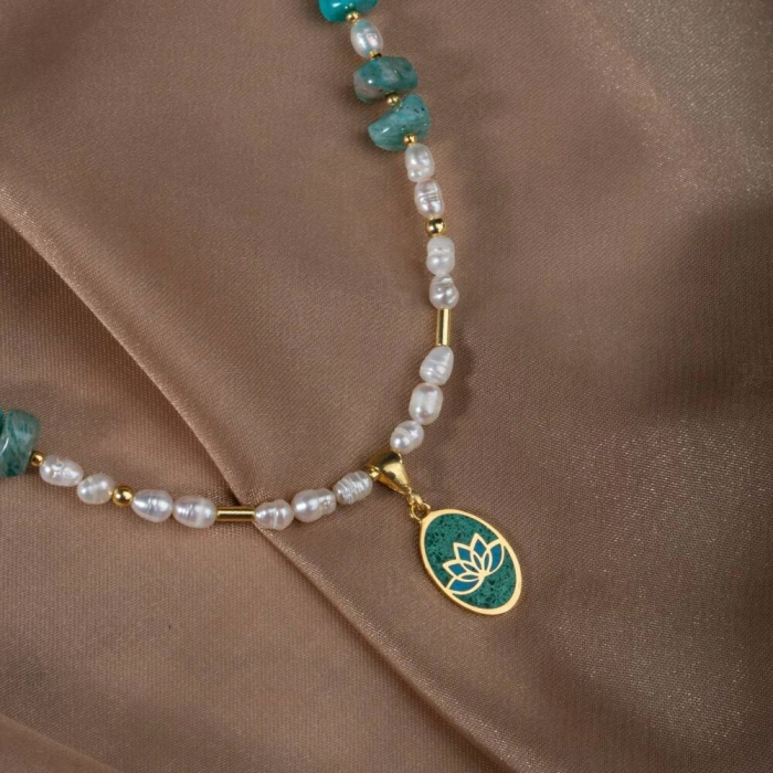 İnci-Amazonit Doğal Taş Gümüş Kolye