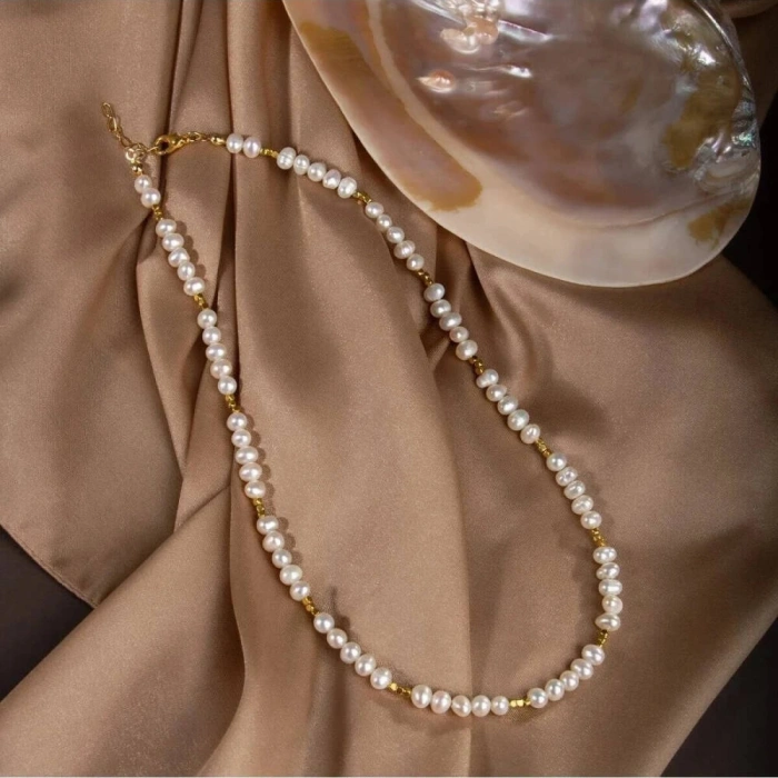 İnci Doğal Taş Altın Kaplama Kapama Kolye