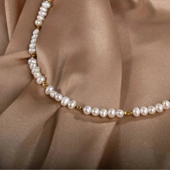 İnci Doğal Taş Altın Kaplama Kapama Kolye