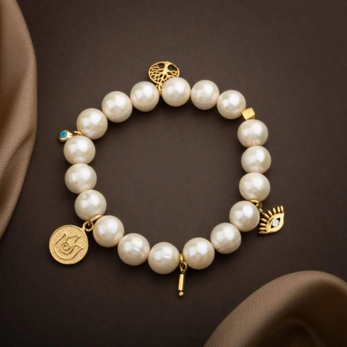 İnci Doğal Taş Gümüş Charm Bileklik