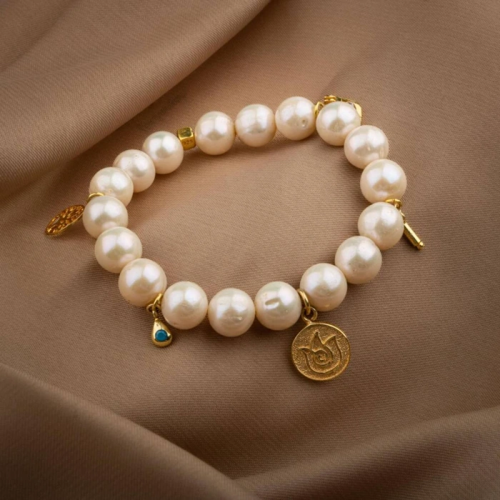 İnci Doğal Taş Gümüş Charm Bileklik
