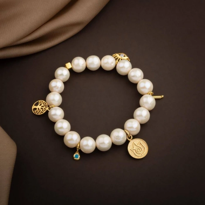 İnci Doğal Taş Gümüş Charm Bileklik