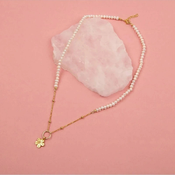 İnci Doğal Taş Gümüş Çiçekli Kolye