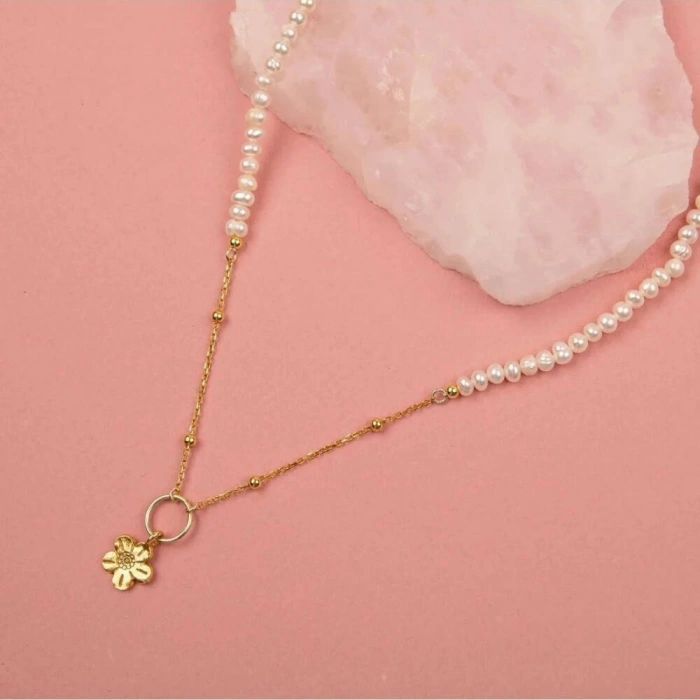 İnci Doğal Taş Gümüş Çiçekli Kolye