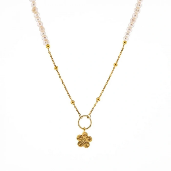 İnci Doğal Taş Gümüş Çiçekli Kolye