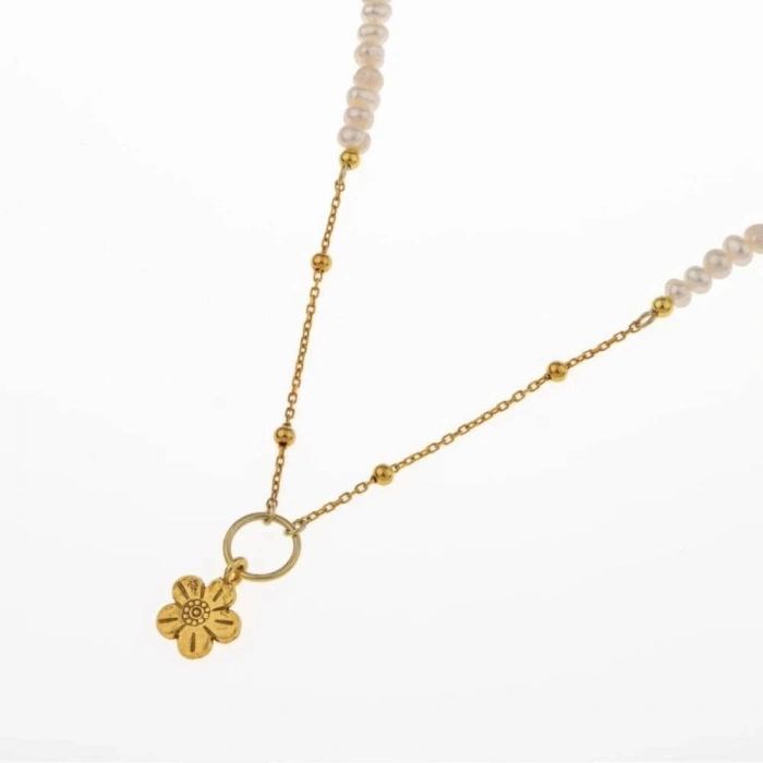 İnci Doğal Taş Gümüş Çiçekli Kolye