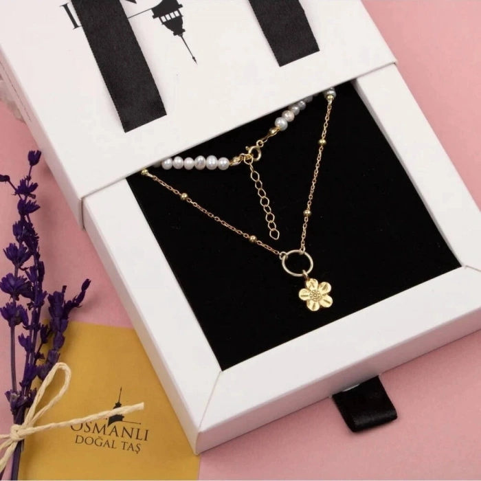 İnci Doğal Taş Gümüş Çiçekli Kolye