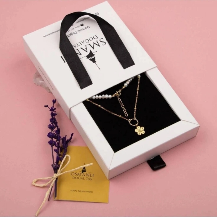 İnci Doğal Taş Gümüş Çiçekli Kolye