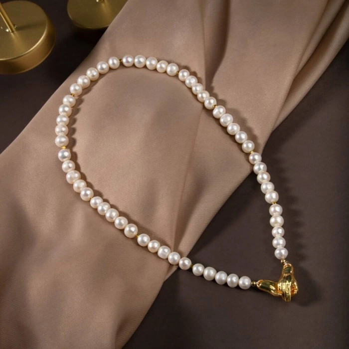 İnci Doğal Taş Gümüş El Ele Kolye