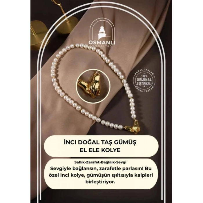 İnci Doğal Taş Gümüş El Ele Kolye