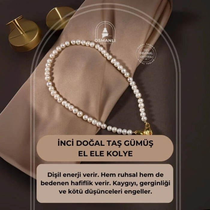 İnci Doğal Taş Gümüş El Ele Kolye