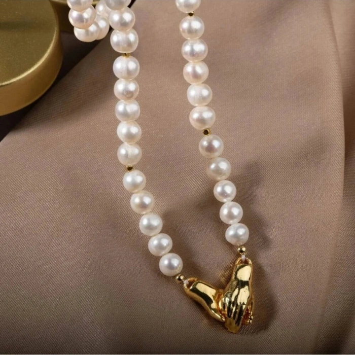 İnci Doğal Taş Gümüş El Ele Kolye