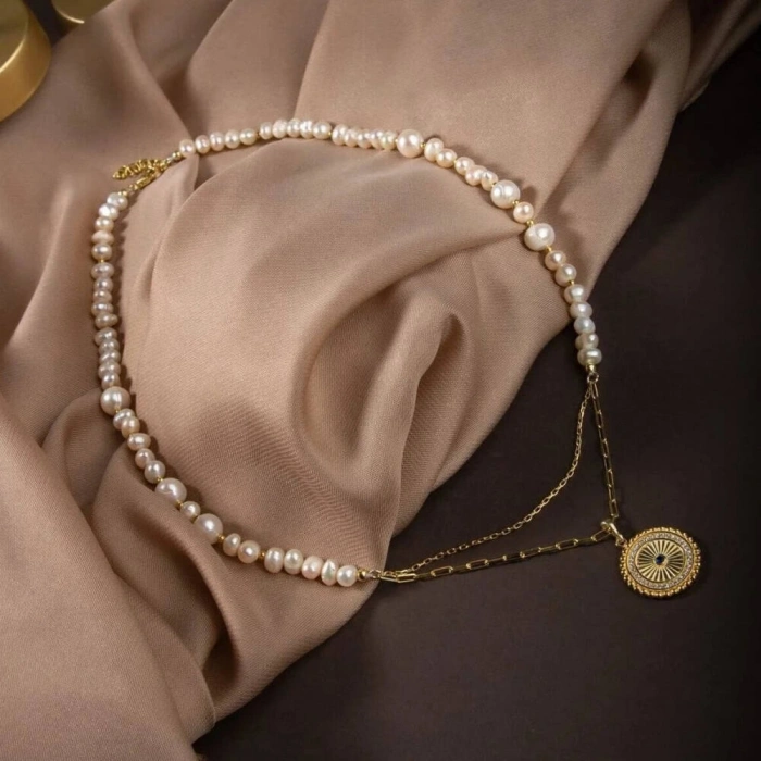 İnci Doğal Taş Gümüş Kolye