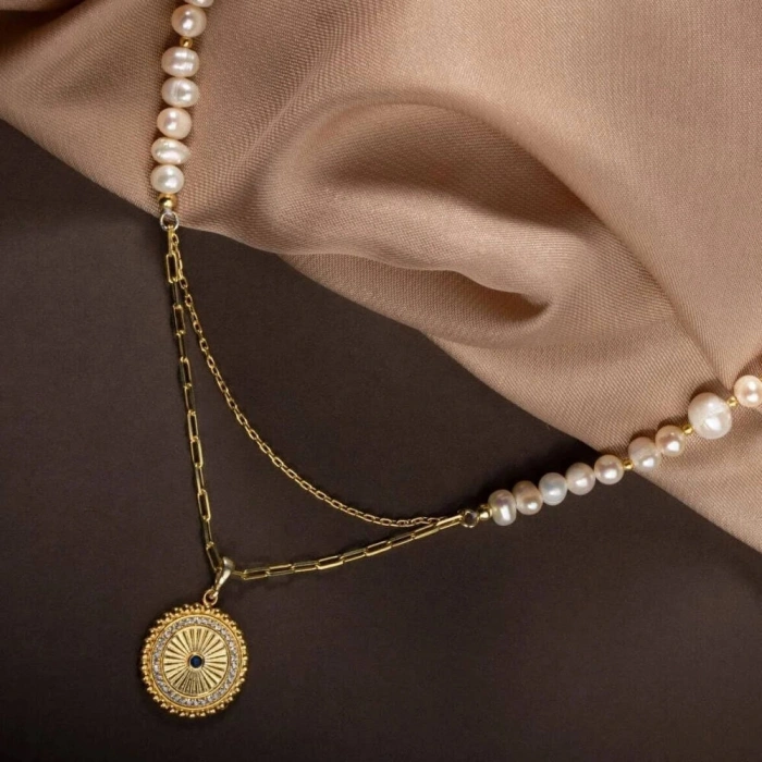 İnci Doğal Taş Gümüş Kolye