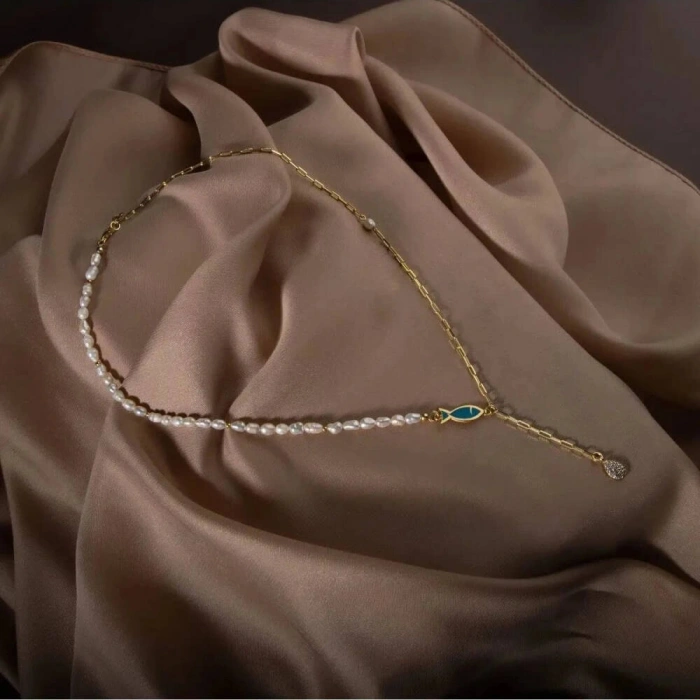 İnci Doğal Taş Gümüş Zincir Kolye