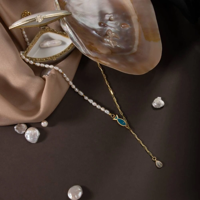 İnci Doğal Taş Gümüş Zincir Kolye