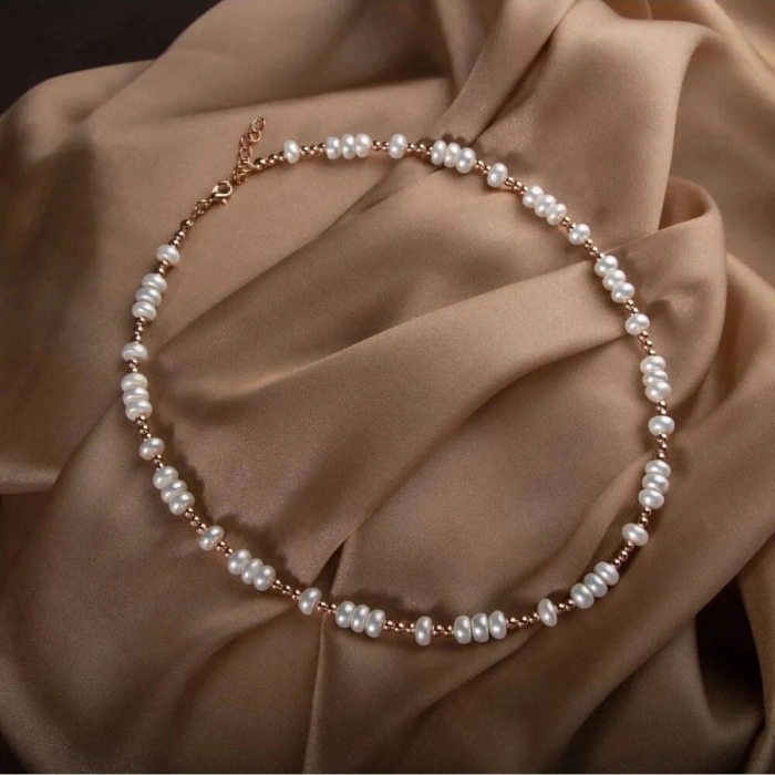 İnci-Hematit Doğal Taş Gümüş Kolye