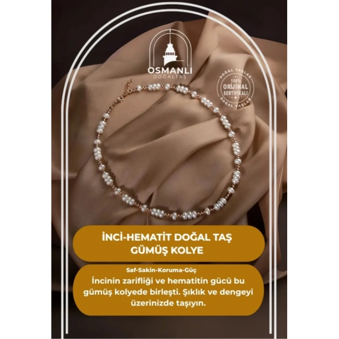 İnci-Hematit Doğal Taş Gümüş Kolye