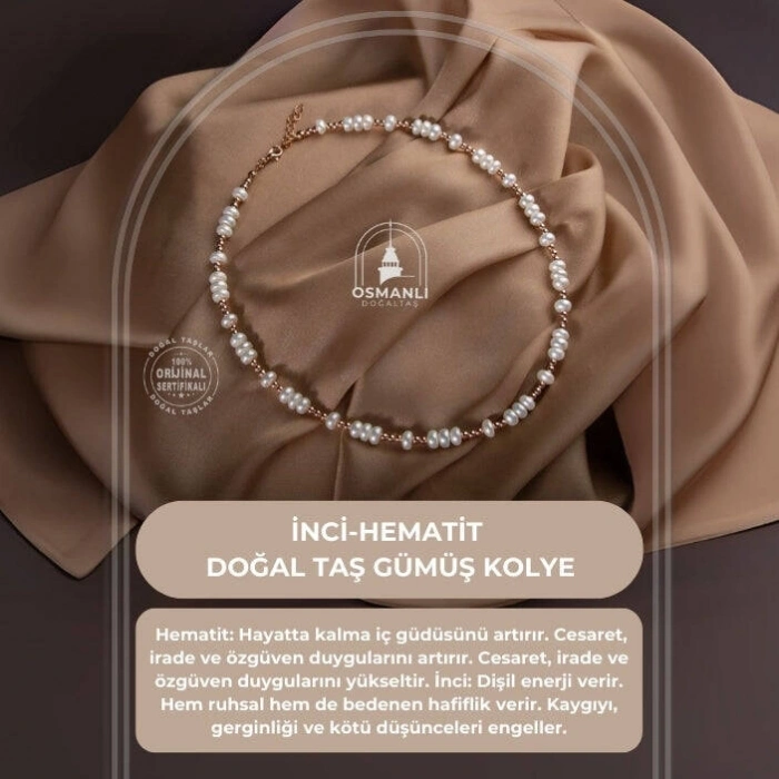 İnci-Hematit Doğal Taş Gümüş Kolye