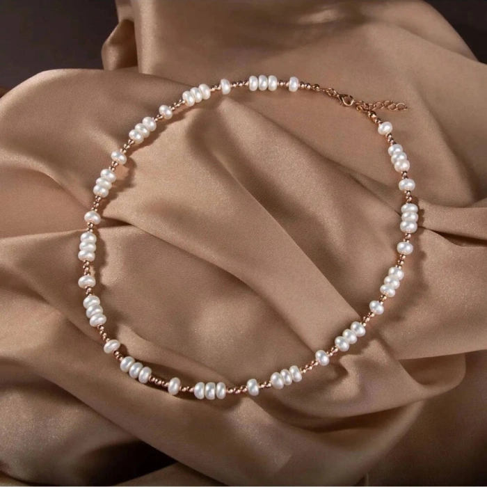 İnci-Hematit Doğal Taş Gümüş Kolye