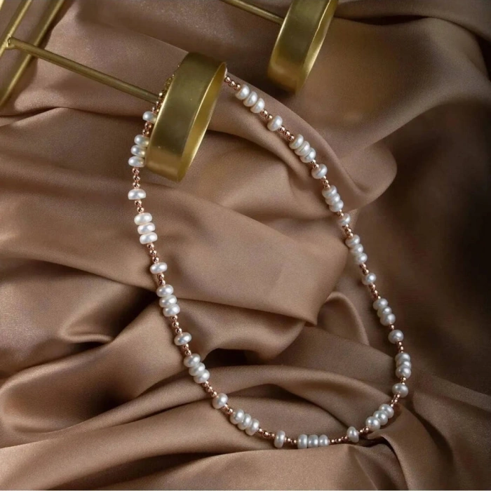 İnci-Hematit Doğal Taş Gümüş Kolye