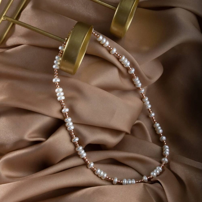 İnci-Hematit Doğal Taş Gümüş Kolye