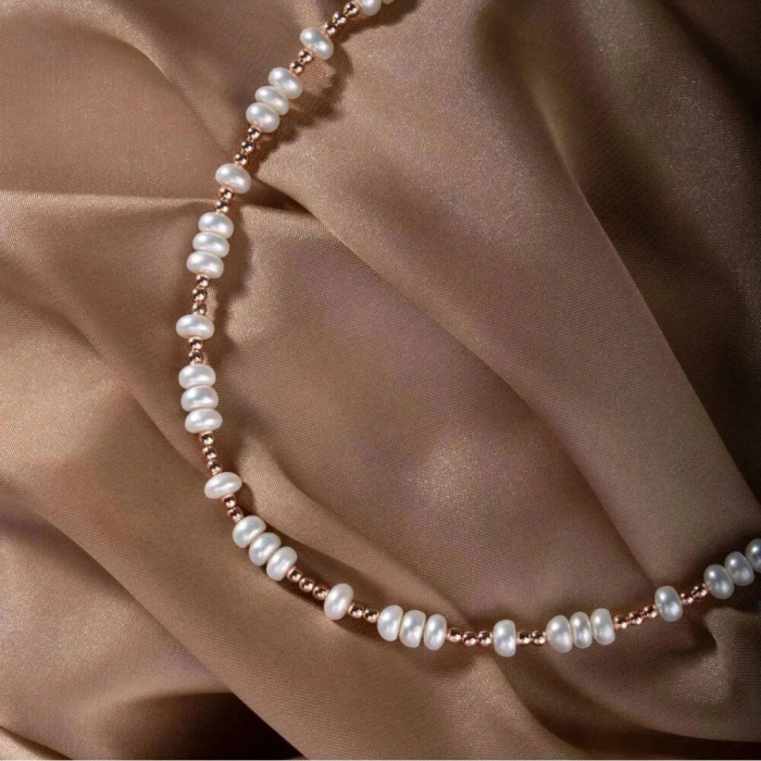 İnci-Hematit Doğal Taş Gümüş Kolye