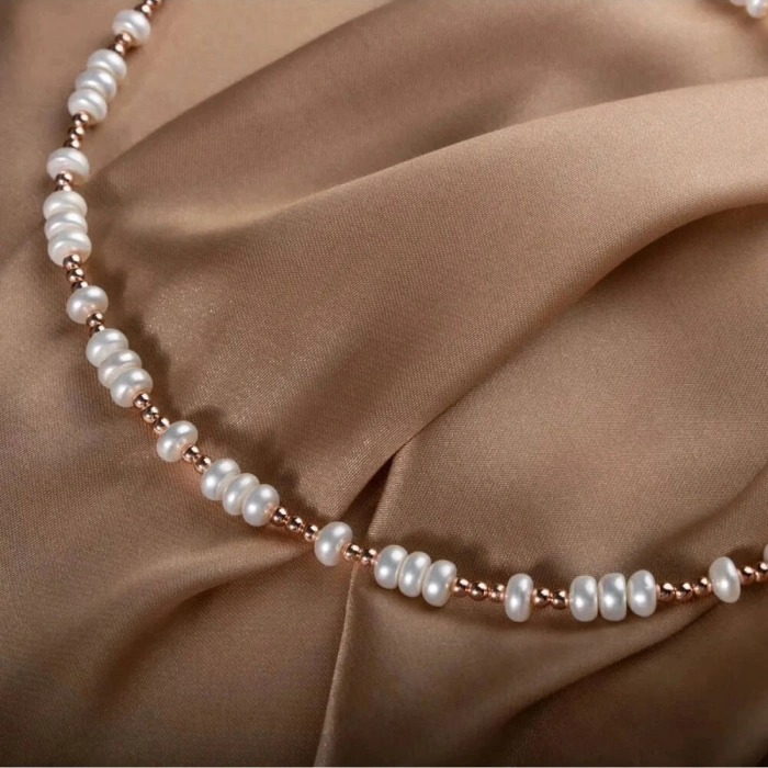 İnci-Hematit Doğal Taş Gümüş Kolye