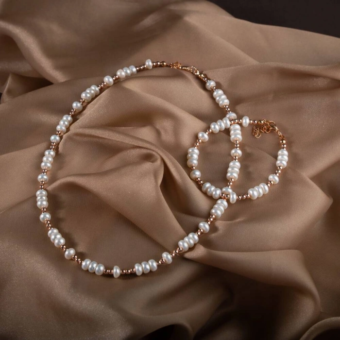 İnci-Hematit Doğal Taş Gümüş Takı Seti