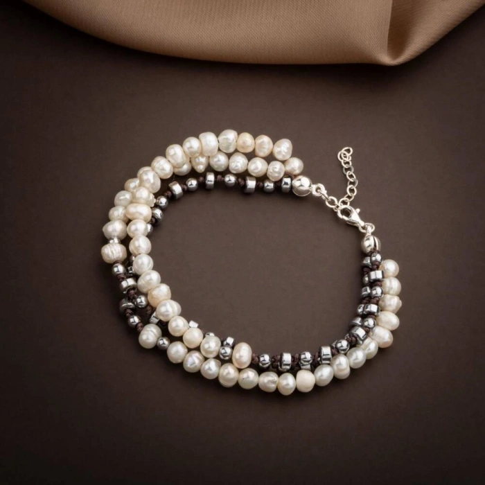 İnci-Hematit Doğal Taş Gümüş Tasarım Bileklik