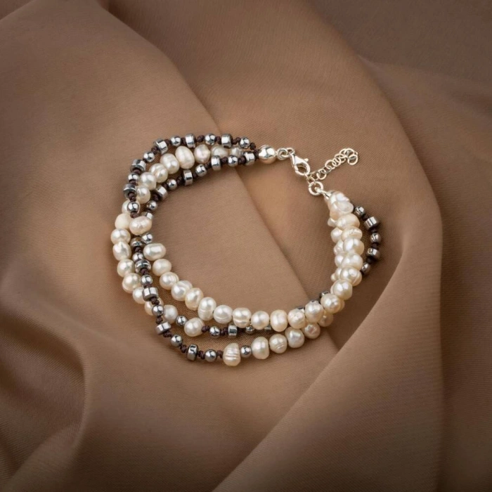 İnci-Hematit Doğal Taş Gümüş Tasarım Bileklik