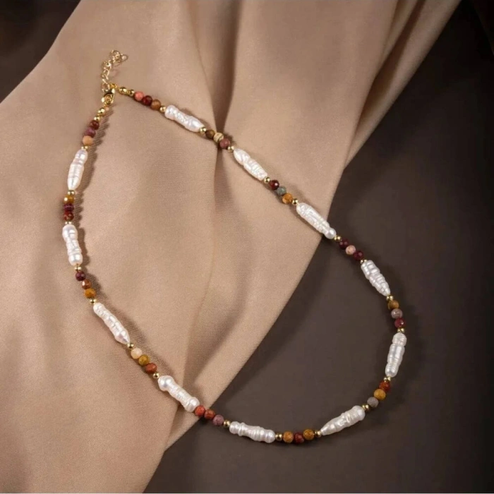 İnci-Jasper Doğal Taş Gümüş Kolye