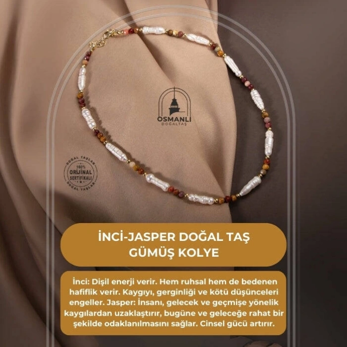İnci-Jasper Doğal Taş Gümüş Kolye