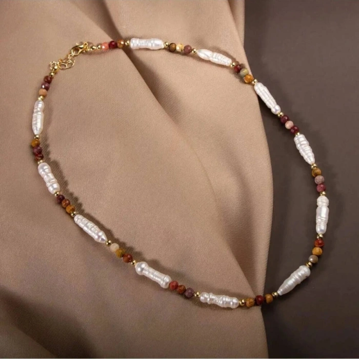 İnci-Jasper Doğal Taş Gümüş Kolye