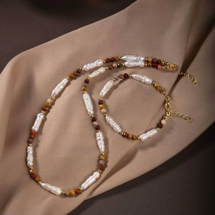 İnci-Jasper Doğal Taş Gümüş Takı Seti