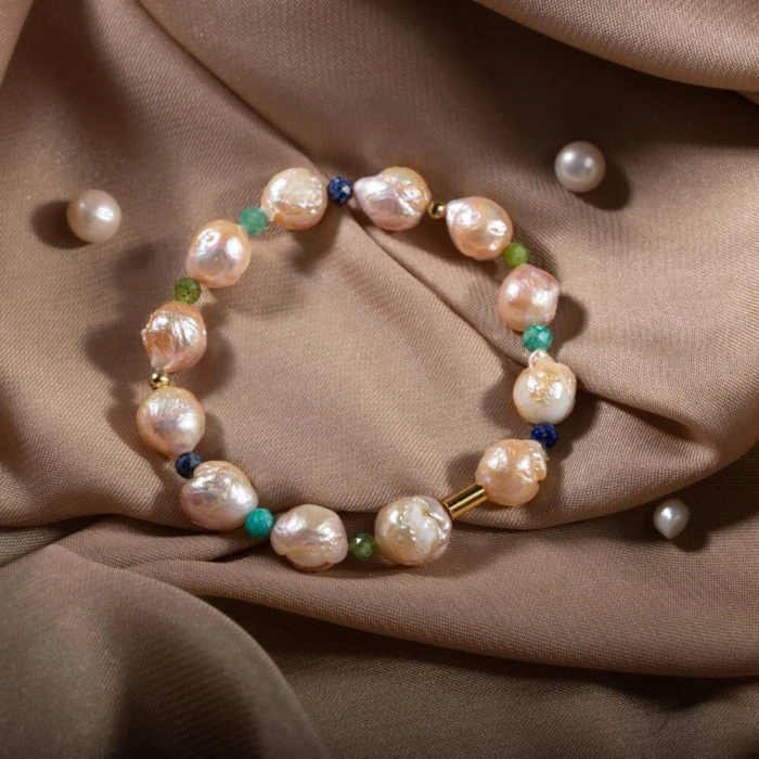İnci-Lapis Lazuli-Amazonit-Yeşim Doğal Taş Gümüş Bileklik
