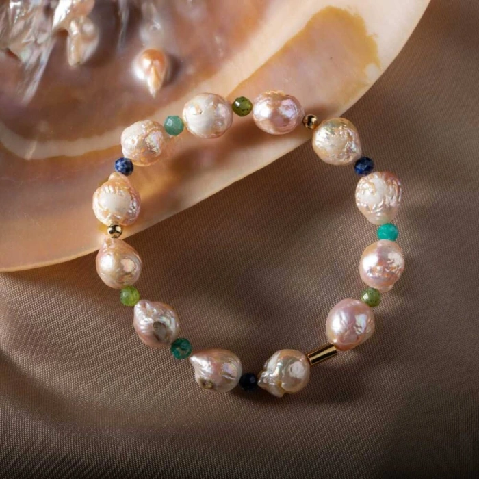 İnci-Lapis Lazuli-Amazonit-Yeşim Doğal Taş Gümüş Bileklik